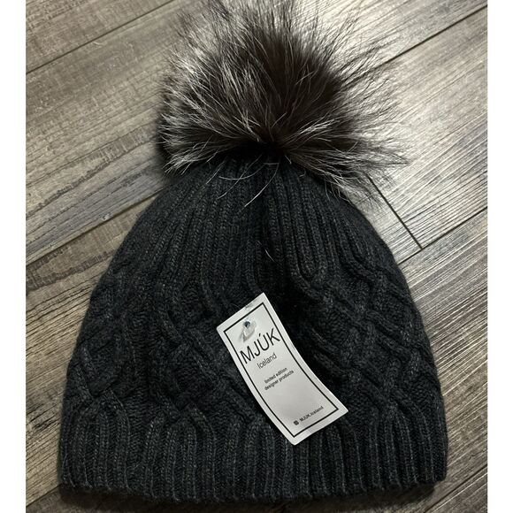 mjuk Accessories - mjuk iceland Beanie Gray  with real raccoon pompom wool NWT